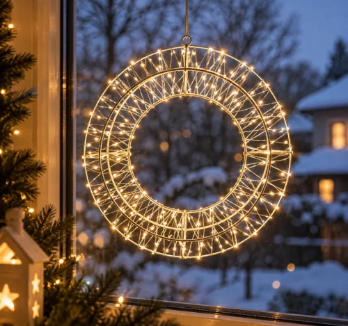 Crystalline toldható fémvázas kör ablakdísz, 300 micro LED, MELEG FEHÉR, 30 cm átmérő, Kül- és beltéri