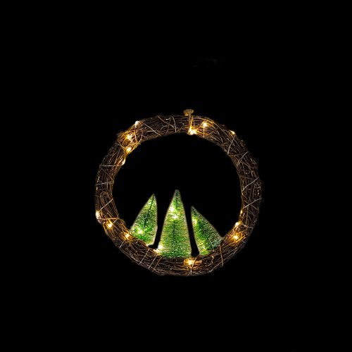 Dekortrend rattan ablakdísz fenyőfákkal, 30 cm, 30 LED, meleg fehér, elemes