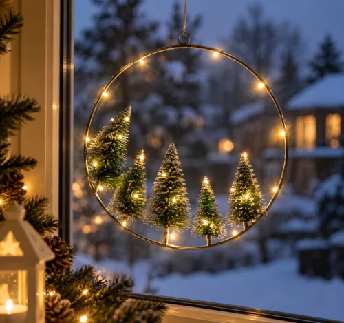 Dekortrend fém ablakdísz fenyőfákkal, 30 cm, 30 led, meleg fehér, elemes