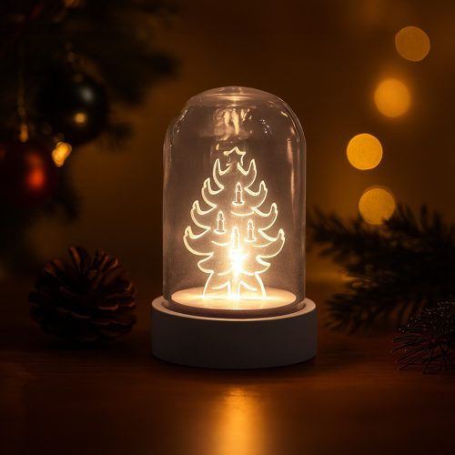 Dekortrend Fenyőfa üveg asztaldísz, 9 cm, meleg fehér, elemes