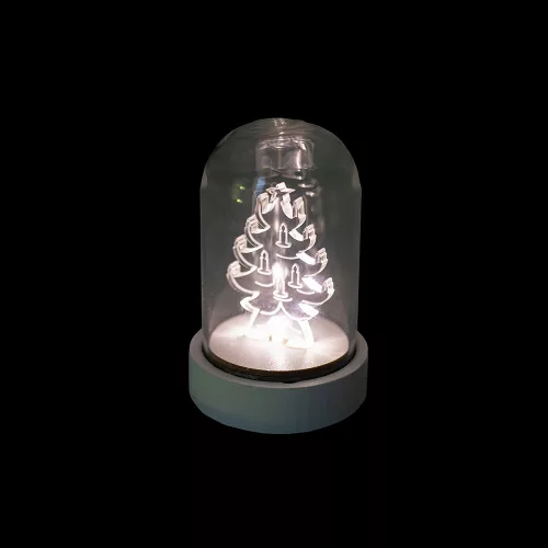 Dekortrend Fenyőfa üveg asztaldísz, 9 cm, meleg fehér, elemes