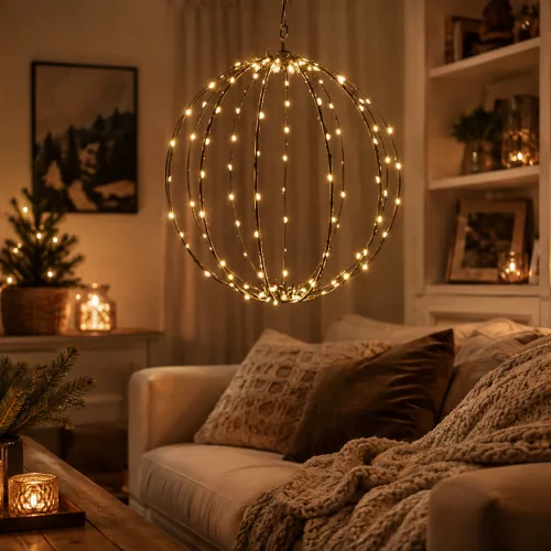 Dekortrend Fém dekorációs gömb, 120 LED, meleg fehér, fekete
