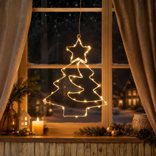 LED karácsonyfa függődísz csillaggal, meleg fehér fénnyel 26 x 32,5 cm