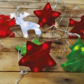   Meseszép fényfüzér, átlátszó kábel, karácsonyi motívumok, meleg fehér, 280 cm, 48 LED