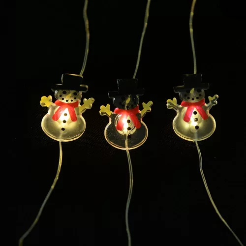 Tündérfény hóemberrel, meleg fehér, ezüst színű rézkábel, 200 cm, 20 LED