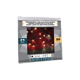   Tündérfény csillaggal, meleg fehér, ezüst színű rézkábel, 200 cm, 20 LED