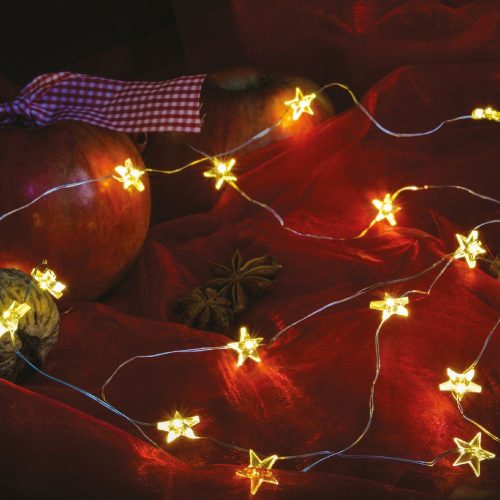 Tündérfény csillaggal, meleg fehér, ezüst színű rézkábel, 200 cm, 20 LED