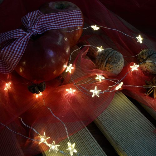 Tündérfény csillaggal, meleg fehér, ezüst színű rézkábel, 200 cm, 20 LED