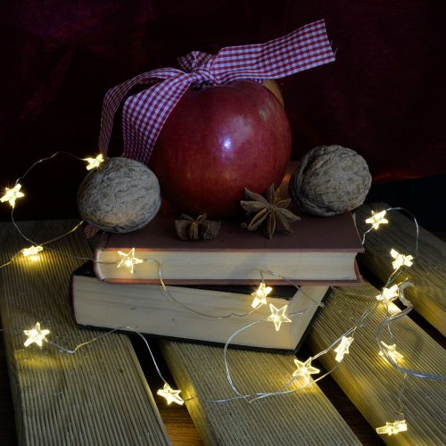 Tündérfény csillaggal, meleg fehér, ezüst színű rézkábel, 200 cm, 20 LED