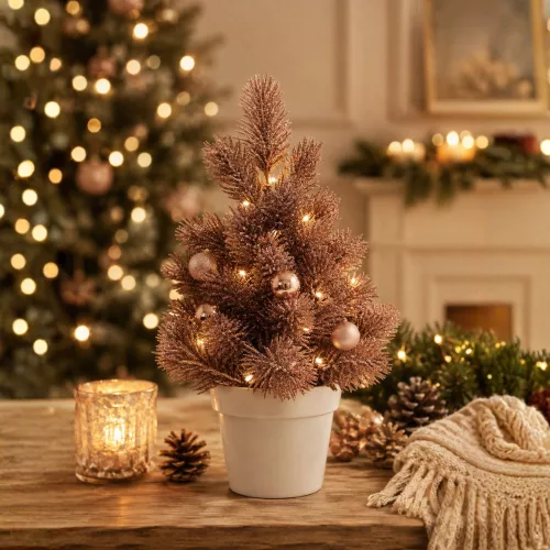 Rosegold mini asztali műfenyő, fehér kaspóban 28 cm